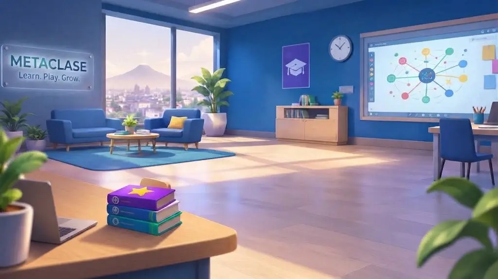MetaClase — Cover illustration of a classroom with seating, presentation screens and science props.